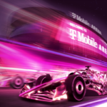 T-Mobile Q2 earnings illustrated by Formula 1 racing past T-Mobile Arena in Las Vegas, representing T-Mobile service revenue, subscriber growth and wireless communications.