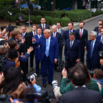 US President Donald Trump, House Speaker Mike Johnson and Nvidia CEO Jensen Huang after a White House AI meeting on Trump’s AI accord, self-regulation, AI safety and federal oversight