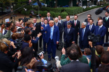 US President Donald Trump, House Speaker Mike Johnson and Nvidia CEO Jensen Huang after a White House AI meeting on Trump’s AI accord, self-regulation, AI safety and federal oversight