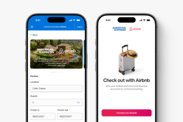 Airbnb x American Express Travel app interface showing Airbnb booking integration, linked Amex account checkout, Platinum travel benefits and lodging rewards