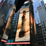 SpaceX displayed on the Nasdaq MarketSite during its IPO, representing SpaceX Q3 earnings, $4.4 billion profit, AI revenue growth, Starlink and SpaceX stock