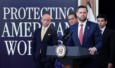 JD Vance and US officials at a press conference announcing the Microsoft Adobe PERM suspension, green card filing freeze and tighter Big Tech immigration enforcement