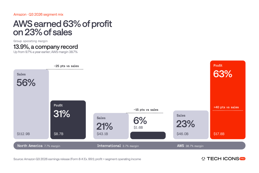 Amazon Q3 2026 segment mix showing AWS generating 63% of operating profit on 23% of sales, versus North America at 31% of profit and International at 6%